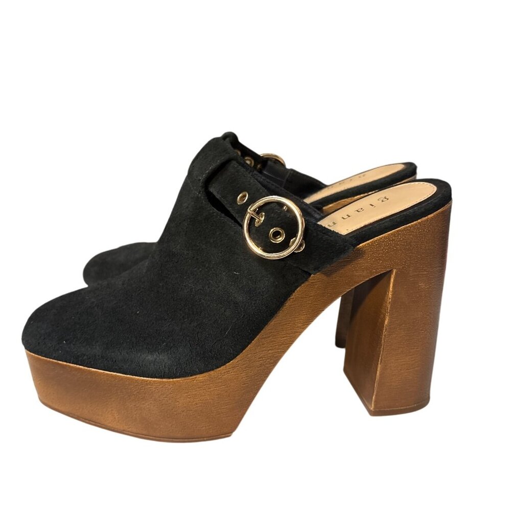 Gianni Bini Sotelo Black Suede Platform Wooden Heel‎ Mules 8M Made In Brazil